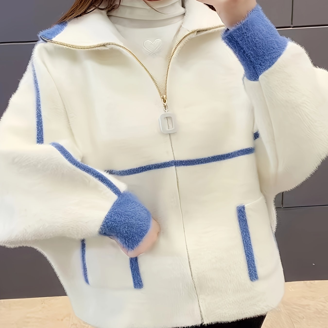 Women's Red Polyester Knit Cardigan with Hooded Zip-Up Jacket and Contrast Trim