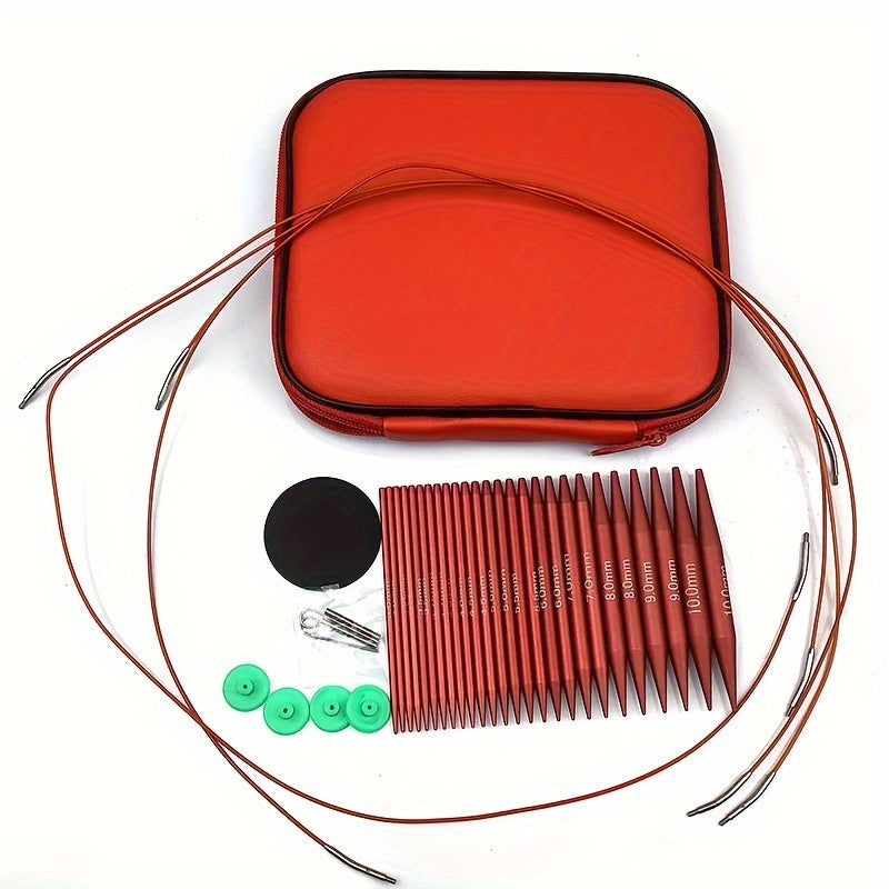 Matte Red Interchangeable Circular Knitting Needle Set 39pcs Metal with Storage Case