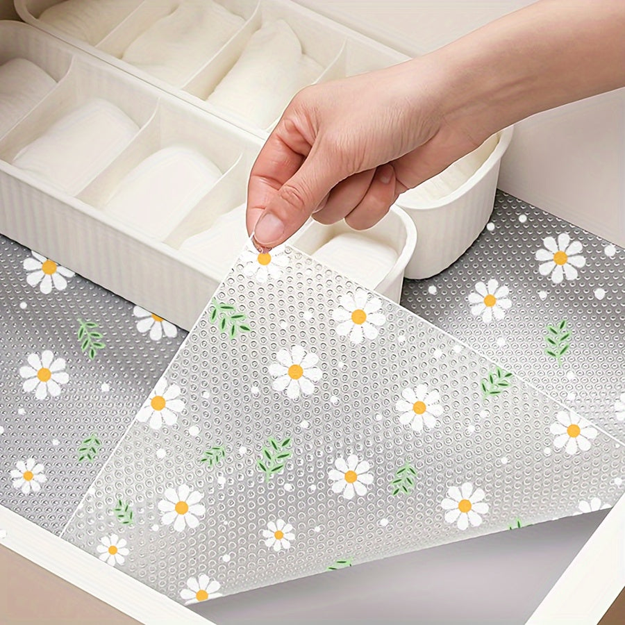 Oshxona shkaflari, tortmalar va poyabzal tokchalari uchun shaffof romashka naqshli javon qoplamasi - Suv o'tkazmaydigan, nam o'tkazmaydigan, dog' va yog'ga chidamli, mog'or oldini oluvchi, chang o'tkazmaydigan - Yapishqoq bo'lmagan EVA mat - 1 rolik