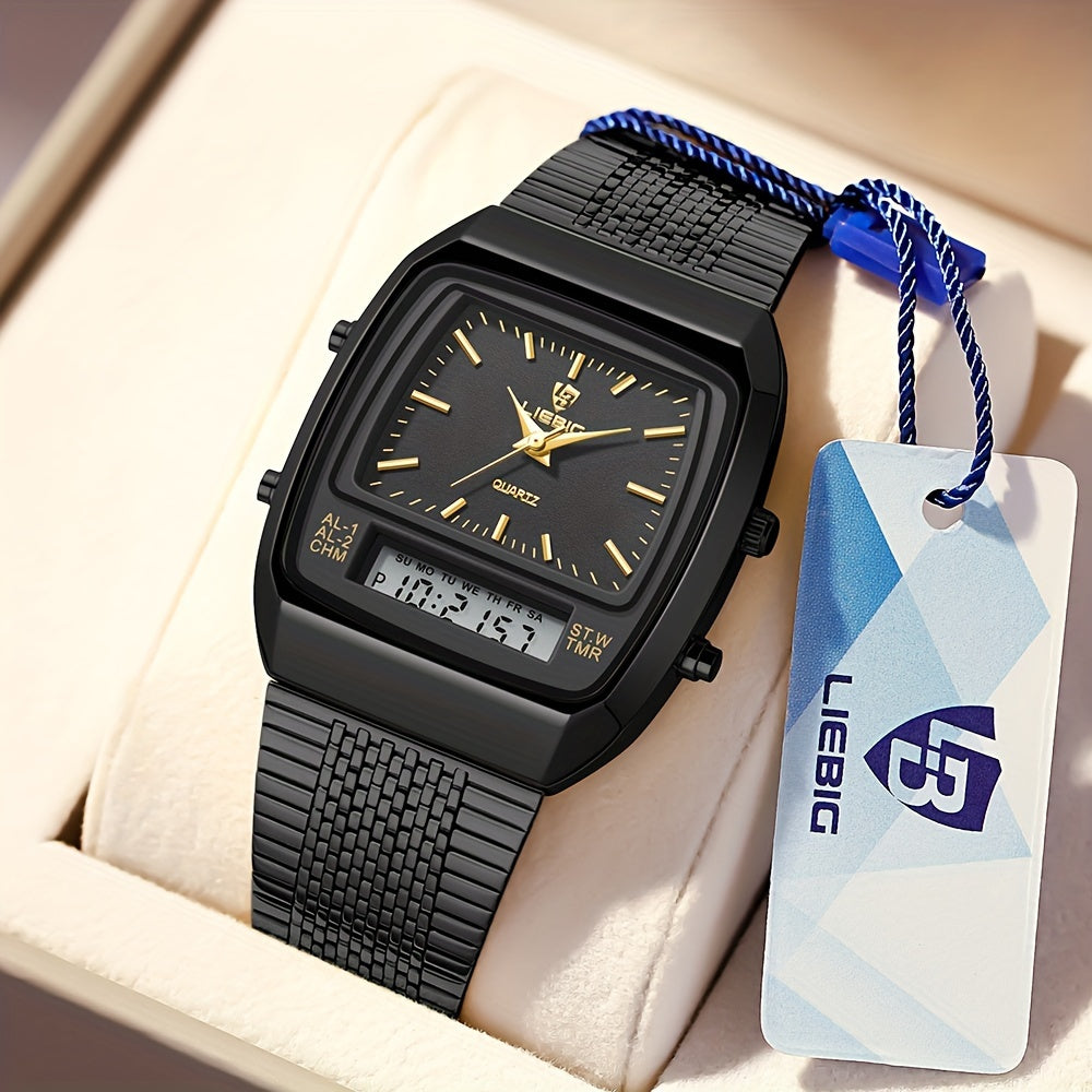 Reloj digital de doble pantalla con correa de acero impermeable para hombre y múltiples funciones