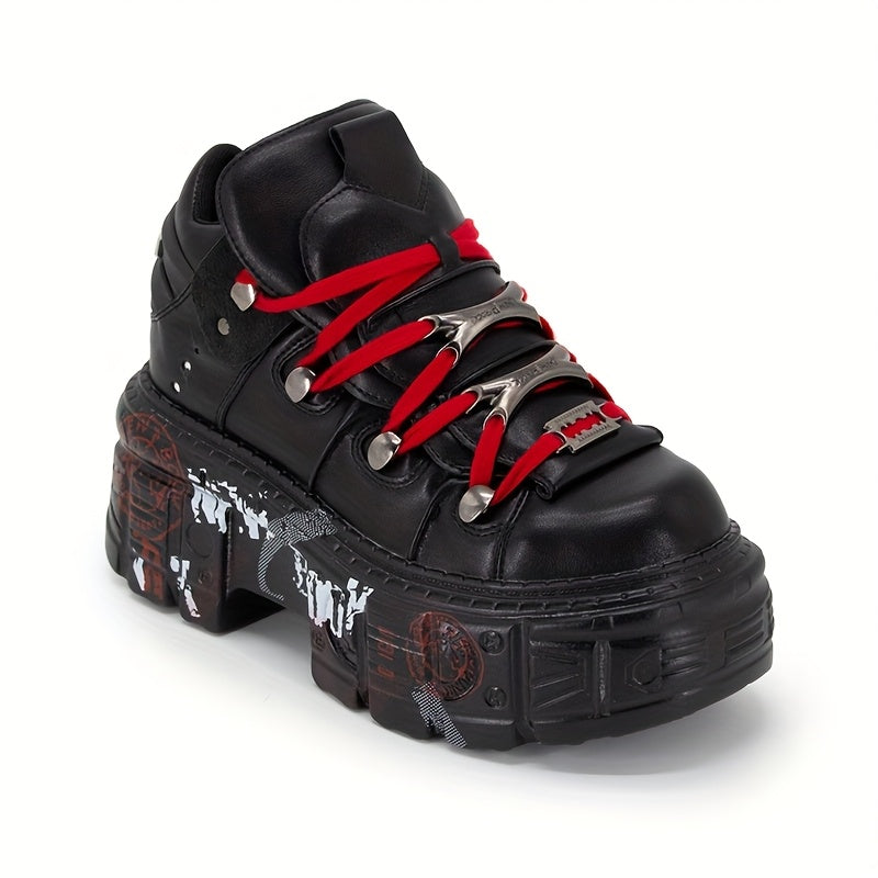 Women's Punk Y2K Gothic Ankle Boots Black Red Lace-Up Platform Toe
