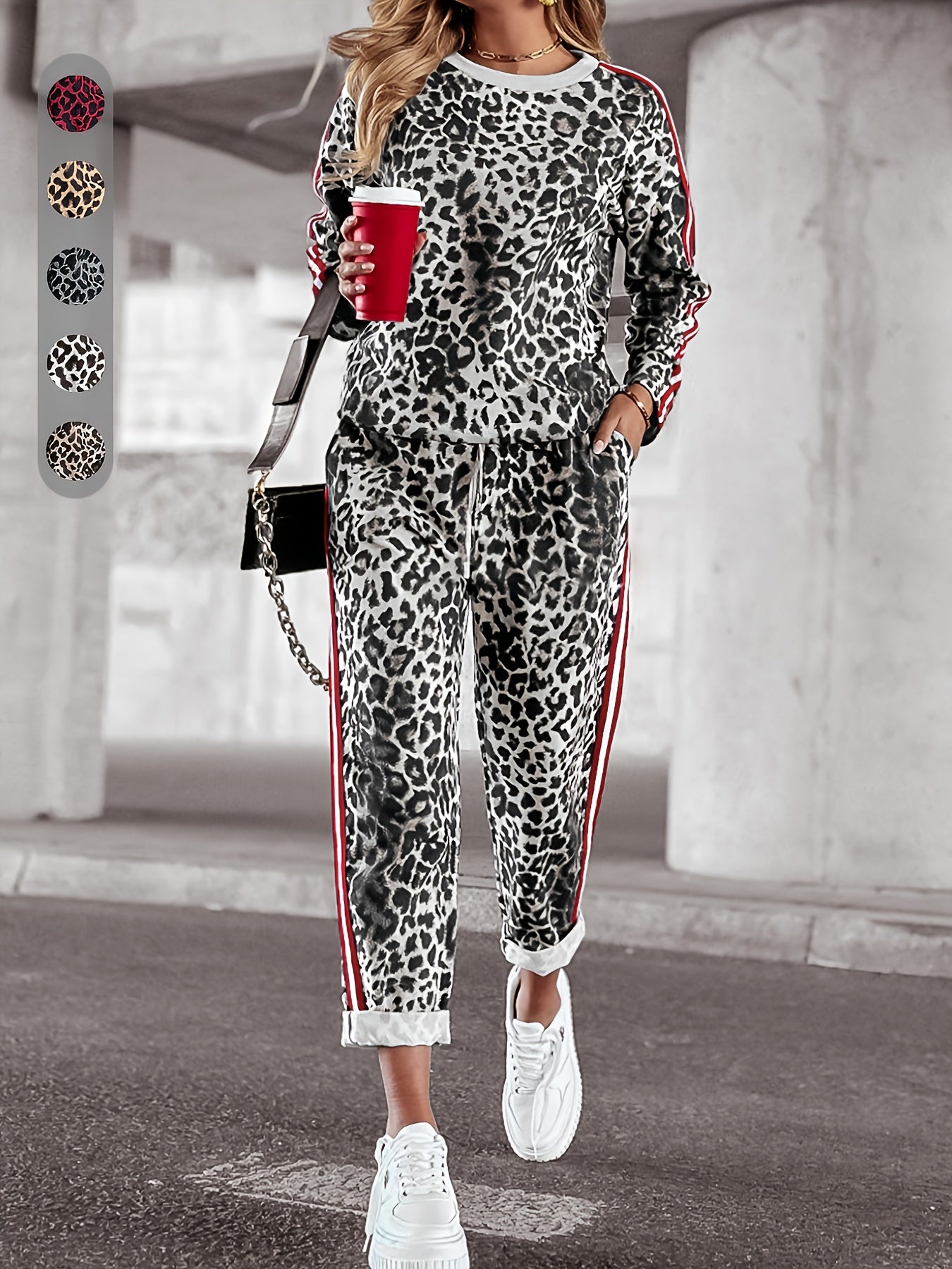 Women's Long Sleeve Leopard Print Two-Piece Set with Pockets for Spring and Fall