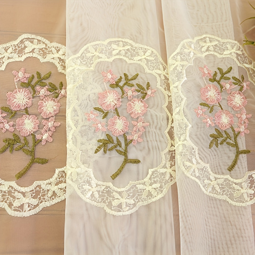Pink Lace Sheer Curtains with Embroidered Floral Details for Living Room
