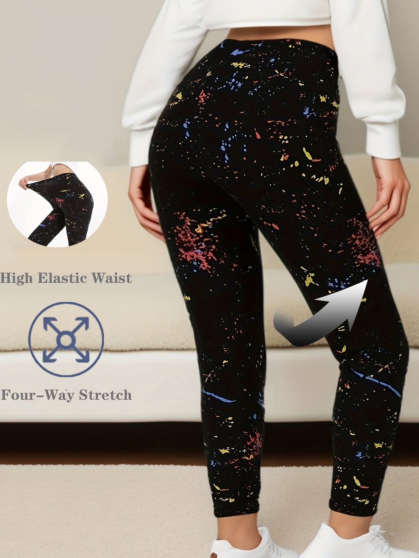 Plus Size Womens Black Graphic High Waist Leggings Breathable All-Season