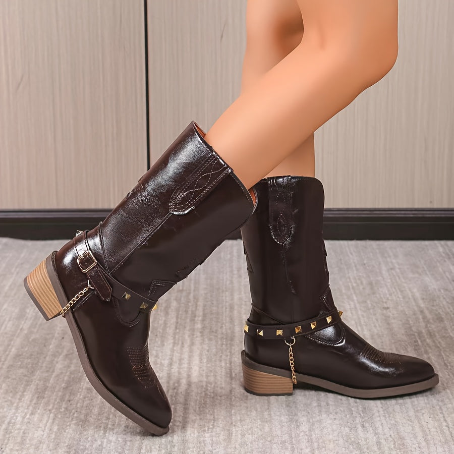 Women's Retro Western Mid-Calf Boots Brown Microfiber Pointed Toe Chunky Heel