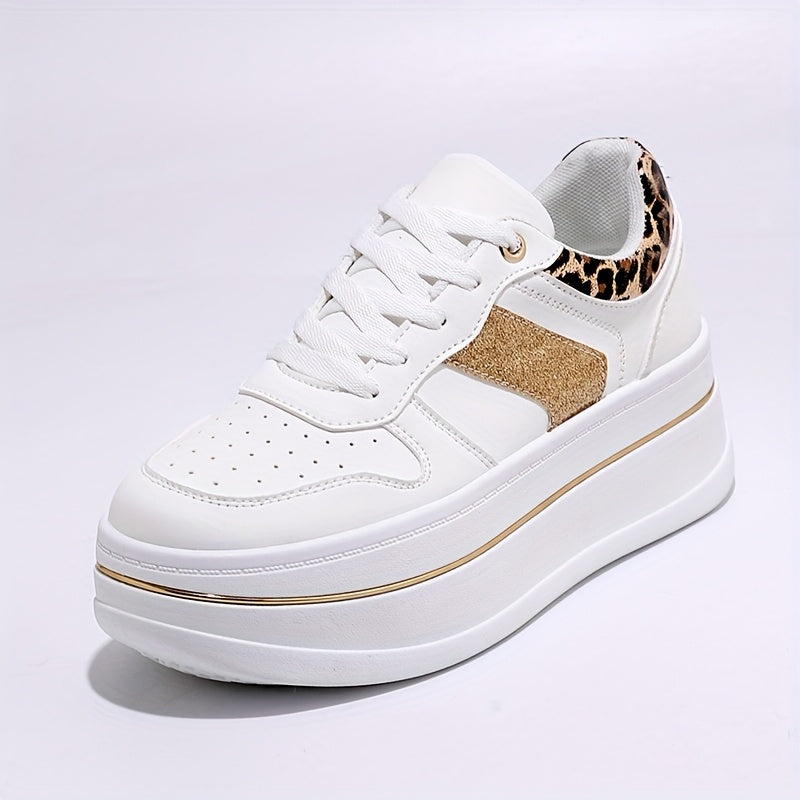 Women's Casual Thick-Sole Sneakers White Gold Low-Top Comfortable Lace-Up All-Season