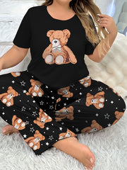 Women's Plus Size Pajama Set Short Sleeve Bear Print Stretch Knit All-Season