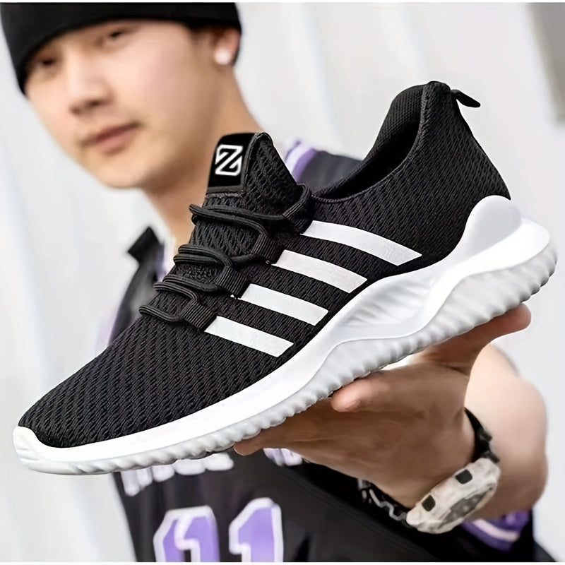 Unisex Striped Breathable Fabric Lace-Up Sneakers for Casual Sports All-Season