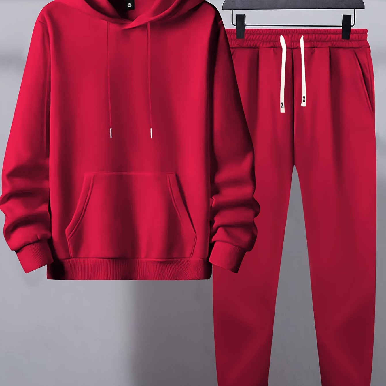 Men's Polyester Sweatsuit Set Hooded Sweatshirt and Joggers with Pockets Solid Color Regular Fit for Spring Fall