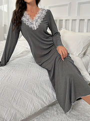 Women's Grey Lace-Trimmed V-Neck Long Sleeve Casual Home Dress