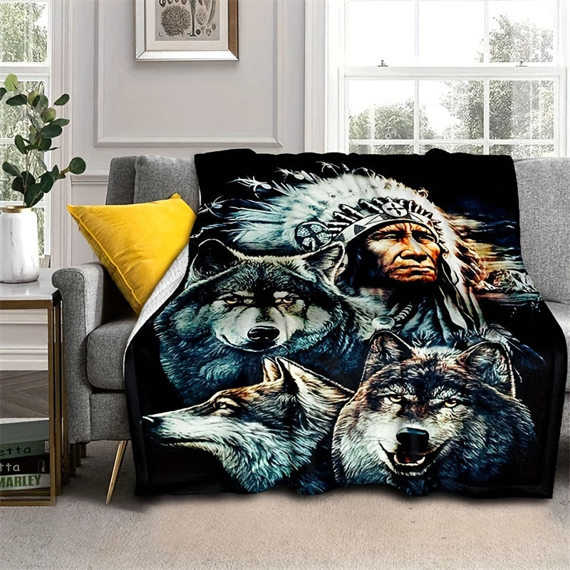Retro Indian and Wolf Pattern Printed Blanket with Flange Soft Warm Fabric for Sofa Bed Camping