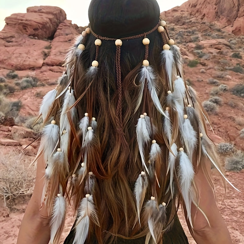 Bohemian Style Headband with Faux Feathers Tassels Festival Hair Accessory for Women and Girls