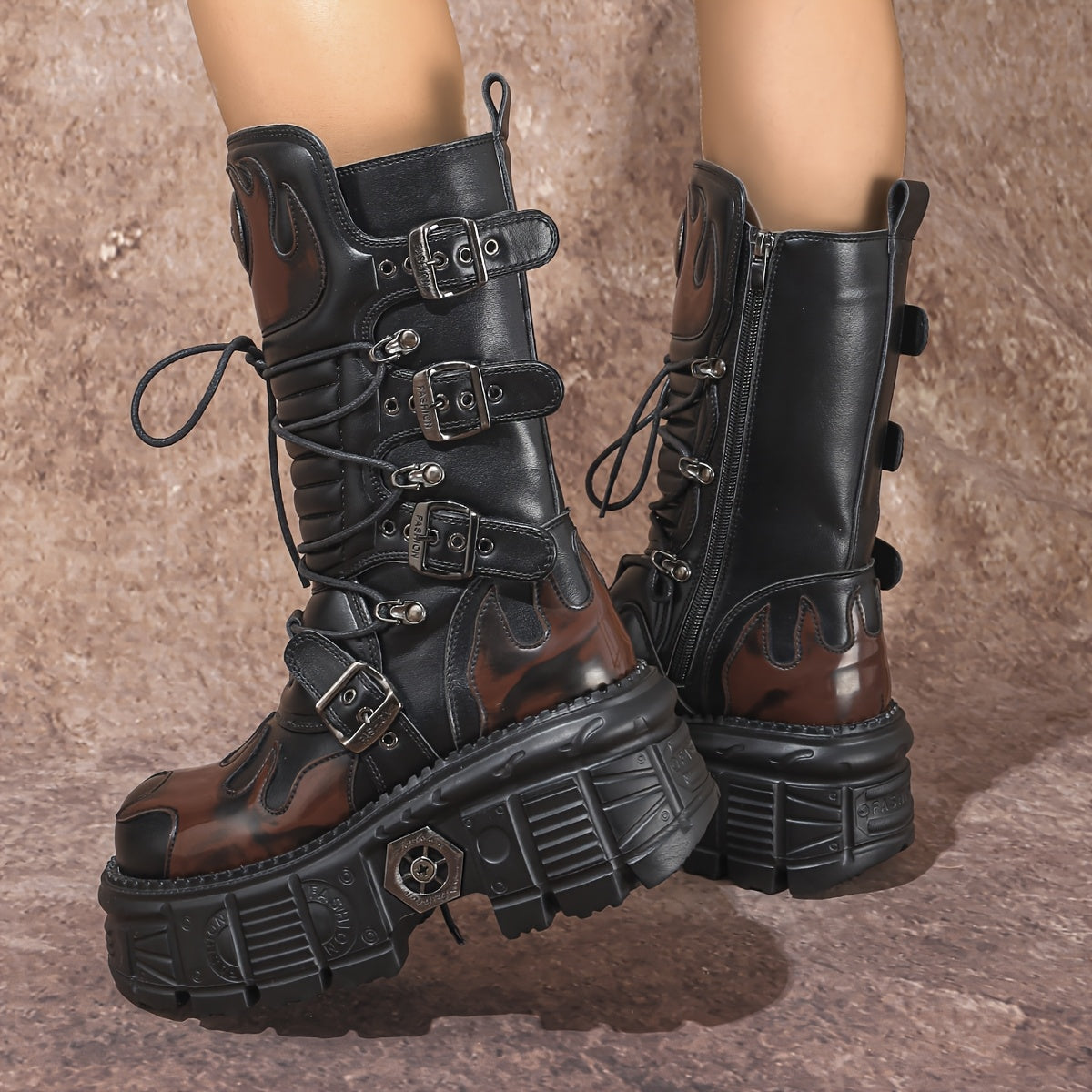 Women's Cyberpunk Mid-Calf Motorcycle Boots with Thick Sole and Zip Closure