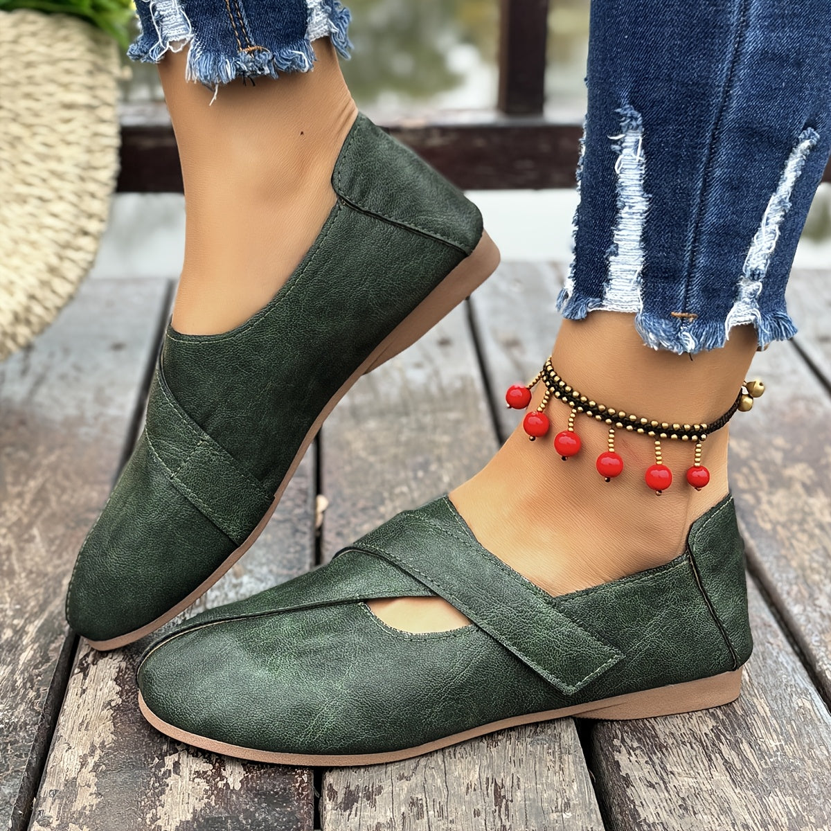 Women's Retro-Style Comfort Flats with Hook-and-Loop Fastener in Green