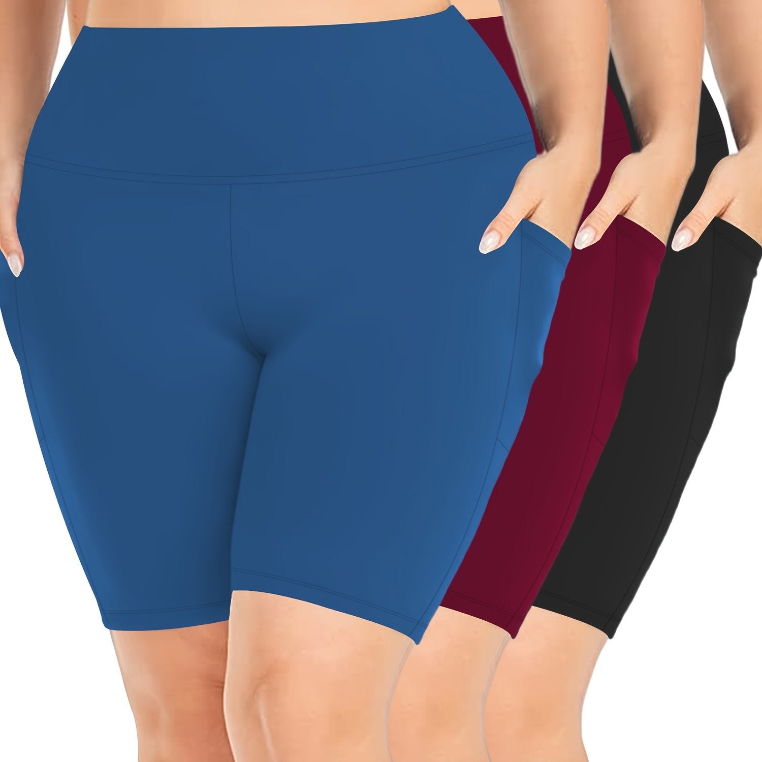 Plus Size Women's High-Waisted Leggings 3-Pack with Side Pockets