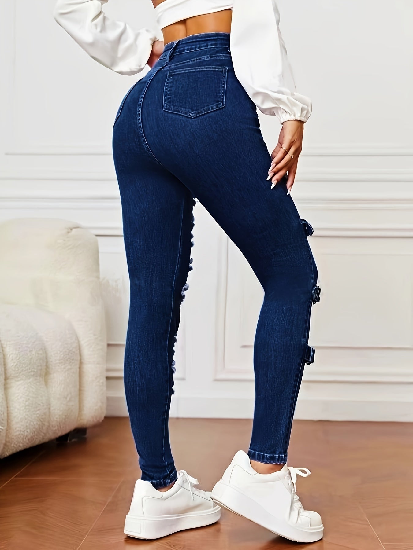 Women's High-Waisted Ripped Skinny Jeans Cotton Polyester Blend All-Season