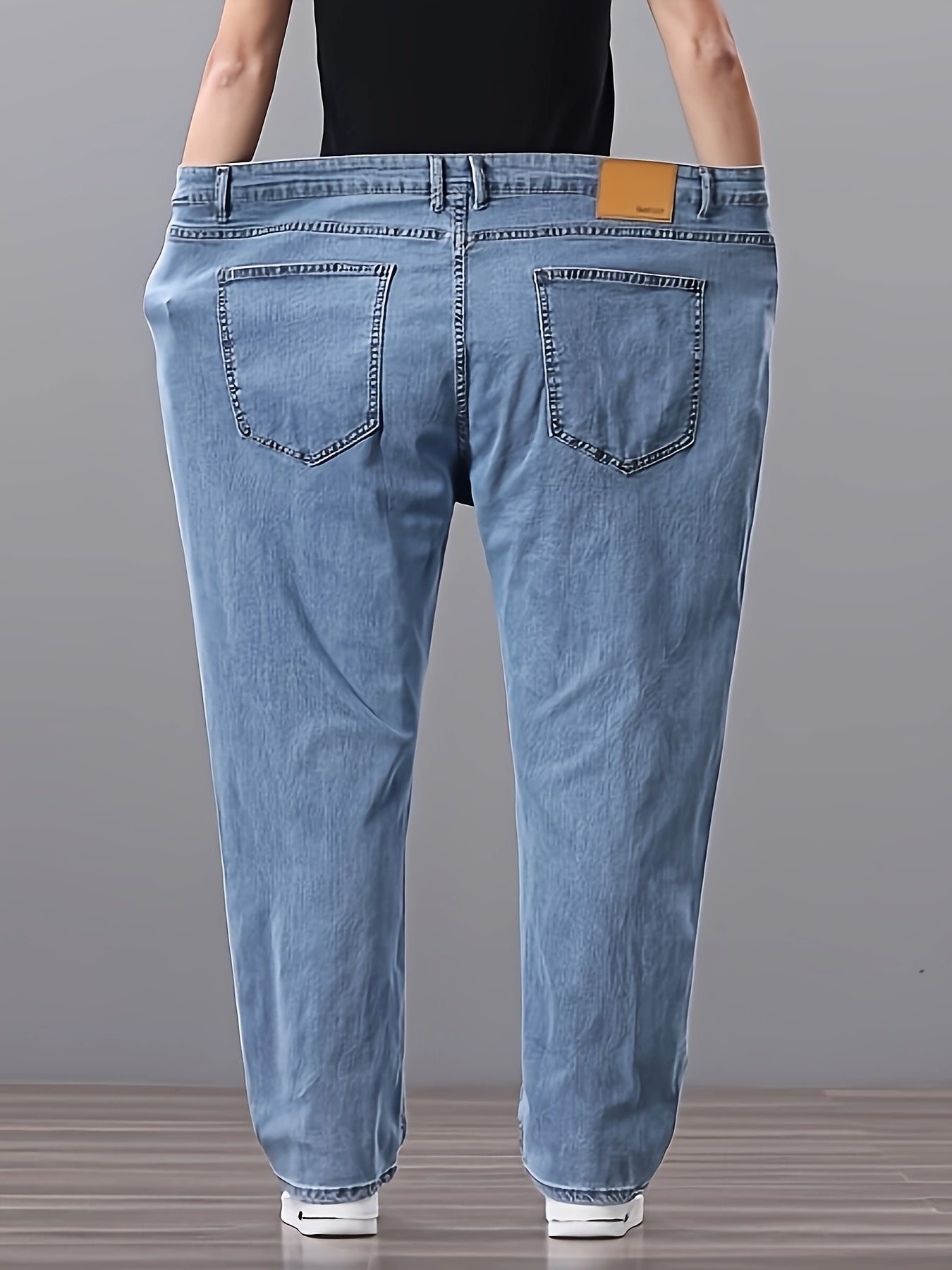 Men's High-Waisted Stretch Denim Jeans Regular Fit Straight Leg Solid Color
