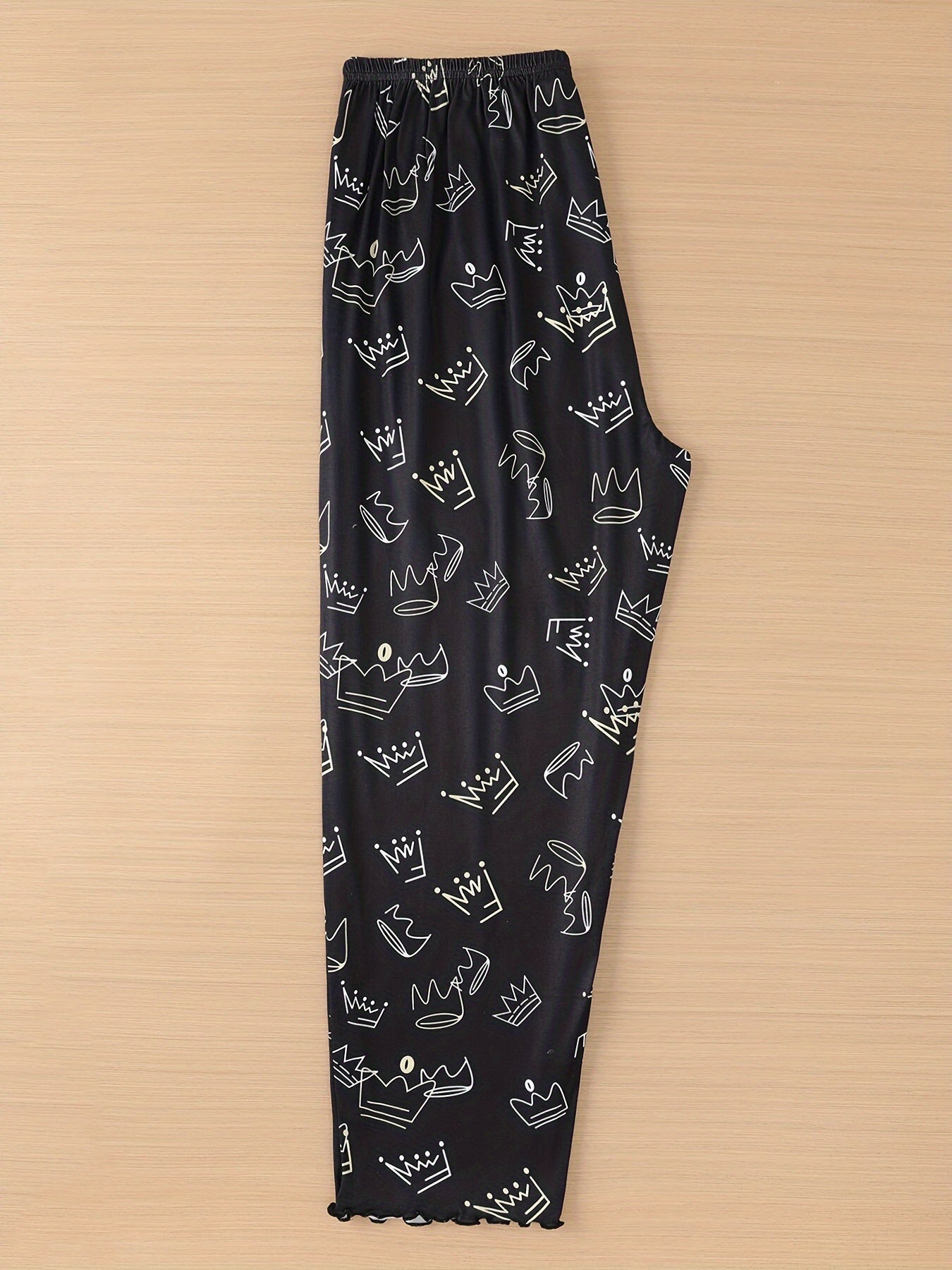 Women's Sleep Pants with Crown Print, Bow Detail, Elastic Waist