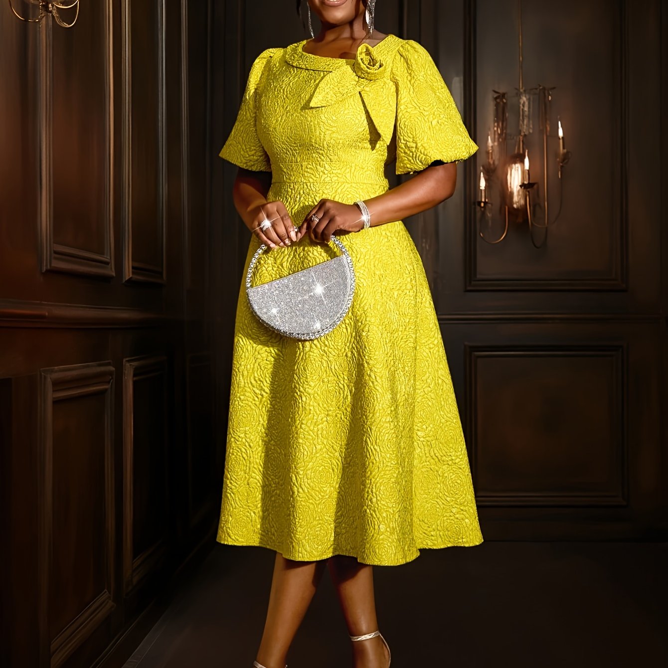 Plus Size Women's Rose Jacquard Flared Sleeve A-Line Skirt Dress for Parties