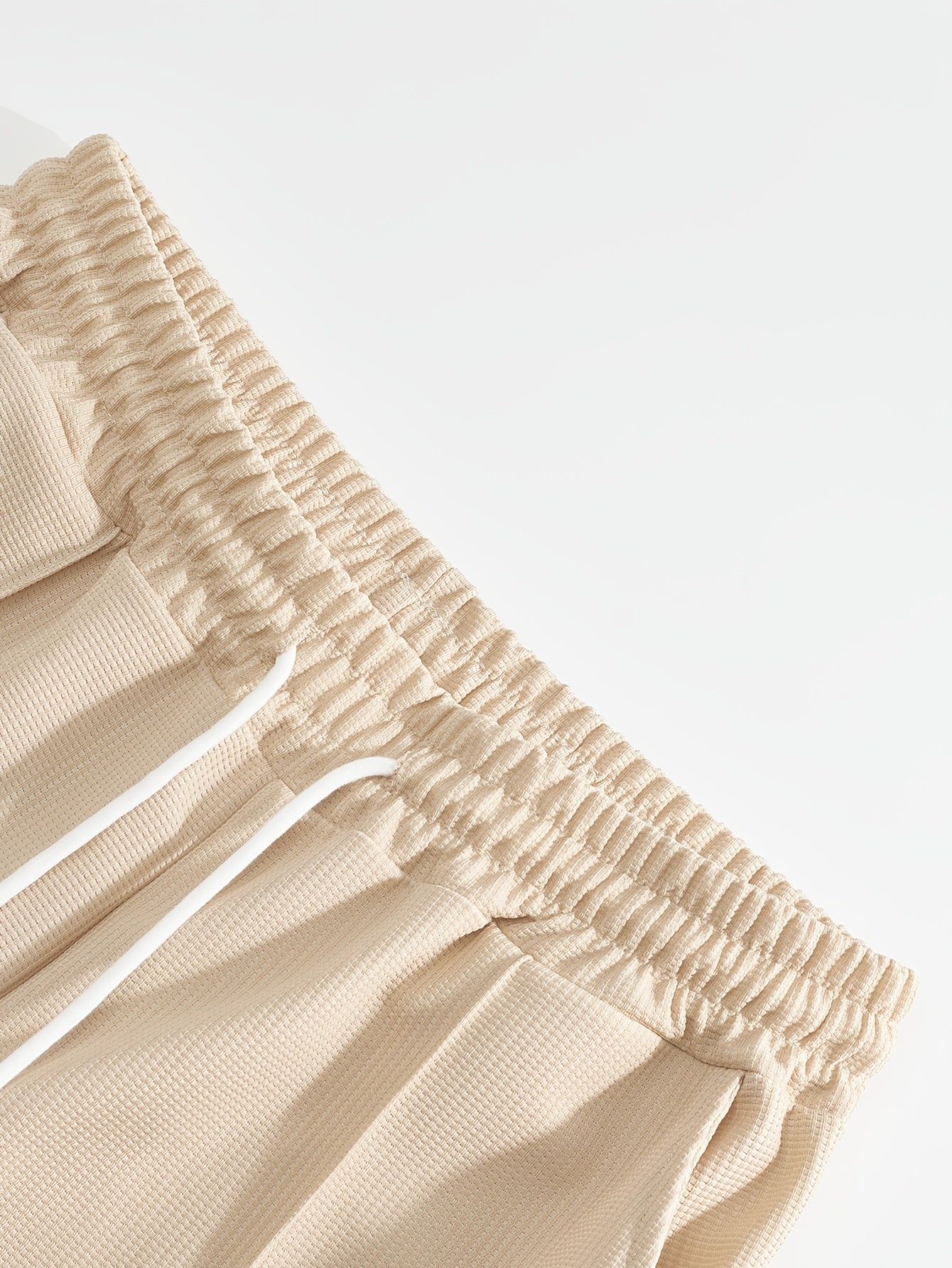 Men's Casual Outfit Waffle Knit Short Sleeve Zip-Up Shirt and Drawstring Pants Black Polyester Blend Summer