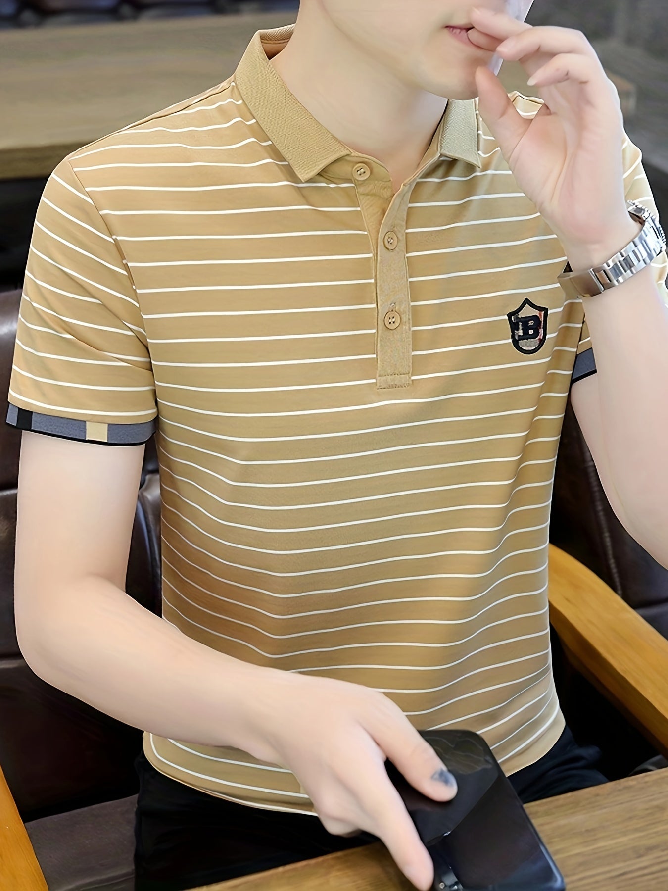 Men's Striped Cotton Golf Shirt Short Sleeve Embroidered Print Casual Lapel Summer Outdoor