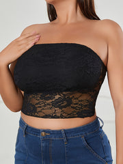 Plus Size Lace Bandeau Bralette Strapless Semi-Sheer Knit Solid Color