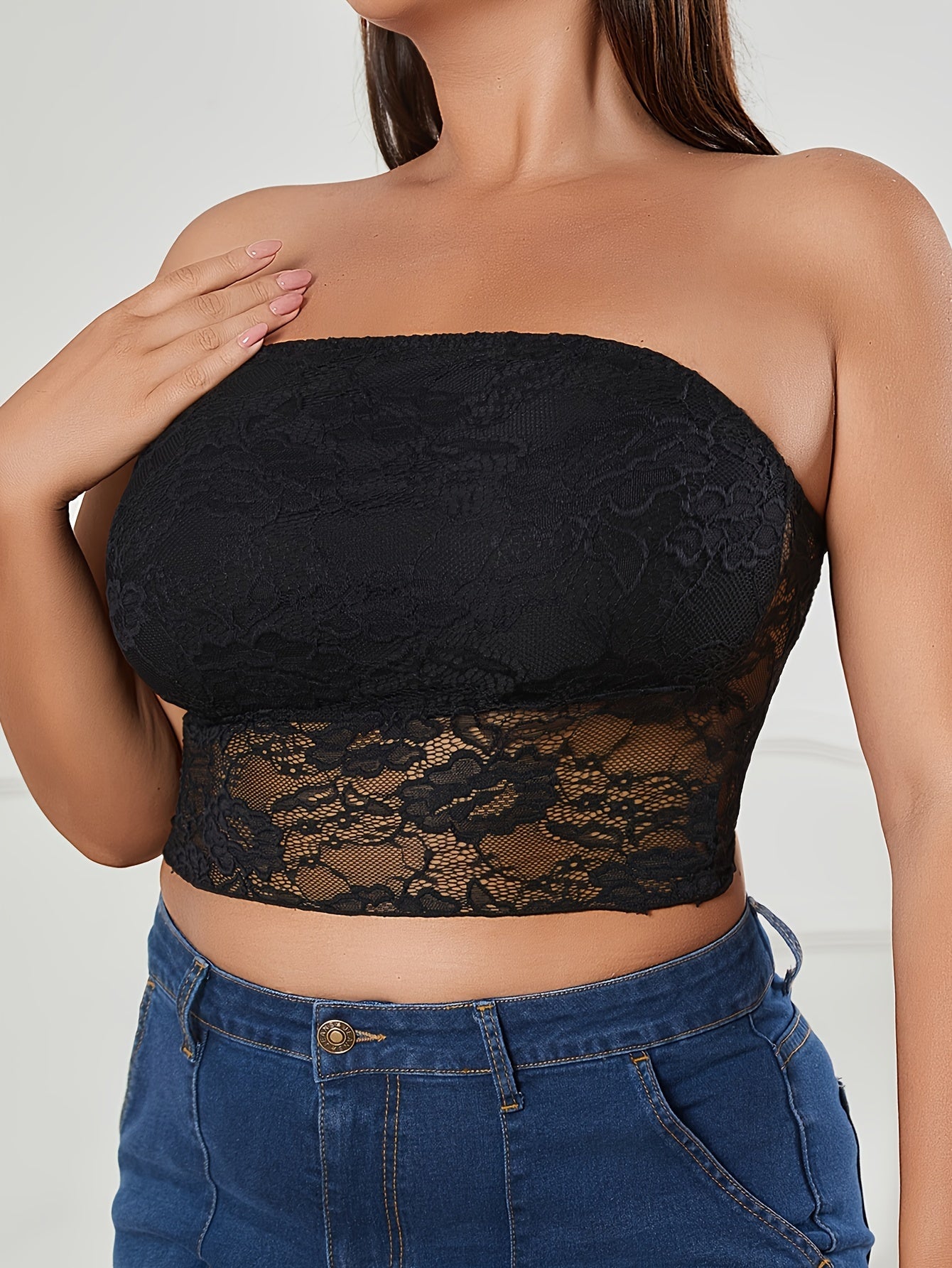 Plus Size Lace Bandeau Bralette Strapless Semi-Sheer Knit Solid Color