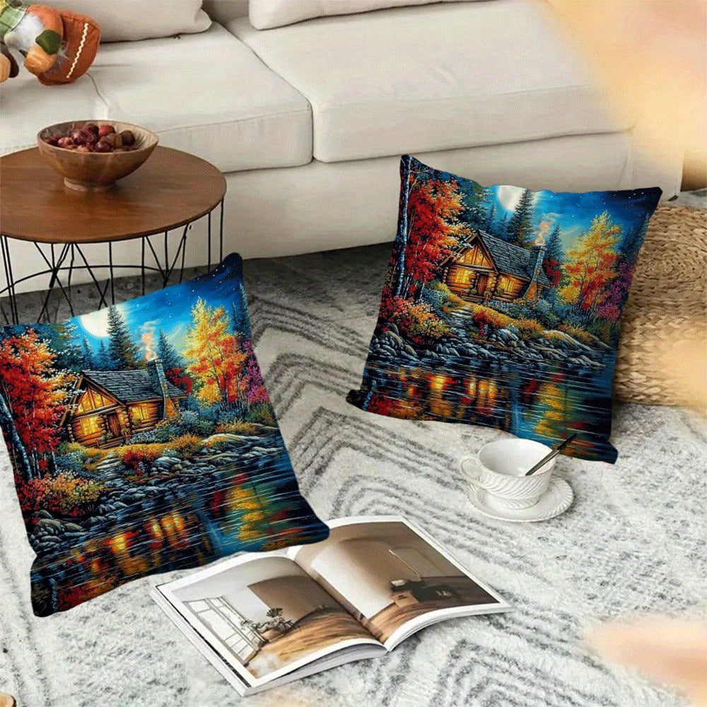 Set of 2 Flannel Pillow Cases 45.72x45.72 cm Lakeside Lodge Scenery Zippered Closure