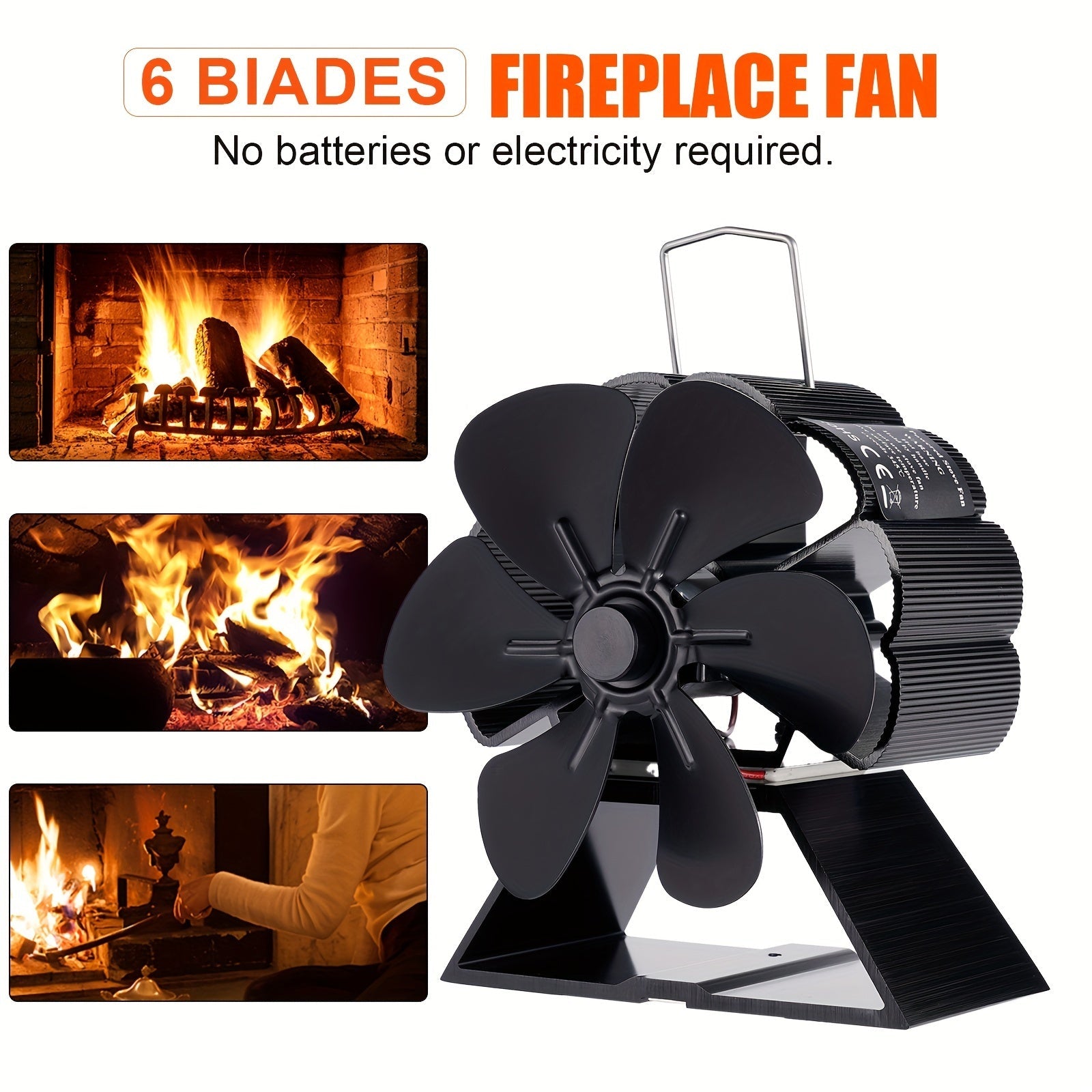 Silent 6-Blade Fireplace Fan for Wood Stove Heat Distribution Black