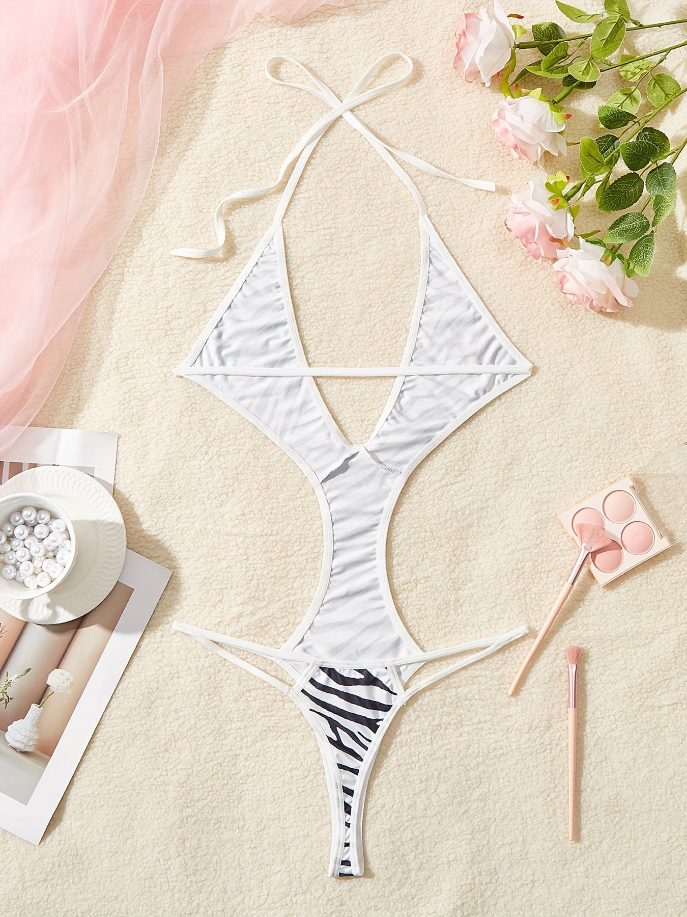 Women's Black Lace Bodysuit with Adjustable Straps and Thong Cut