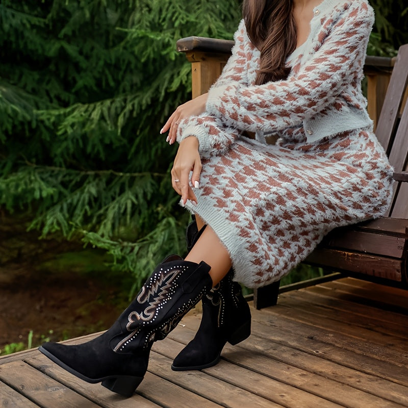 Women's Cowboy Boots Black Embroidered Ankle Zipper Pointed Toe Chunky Heel