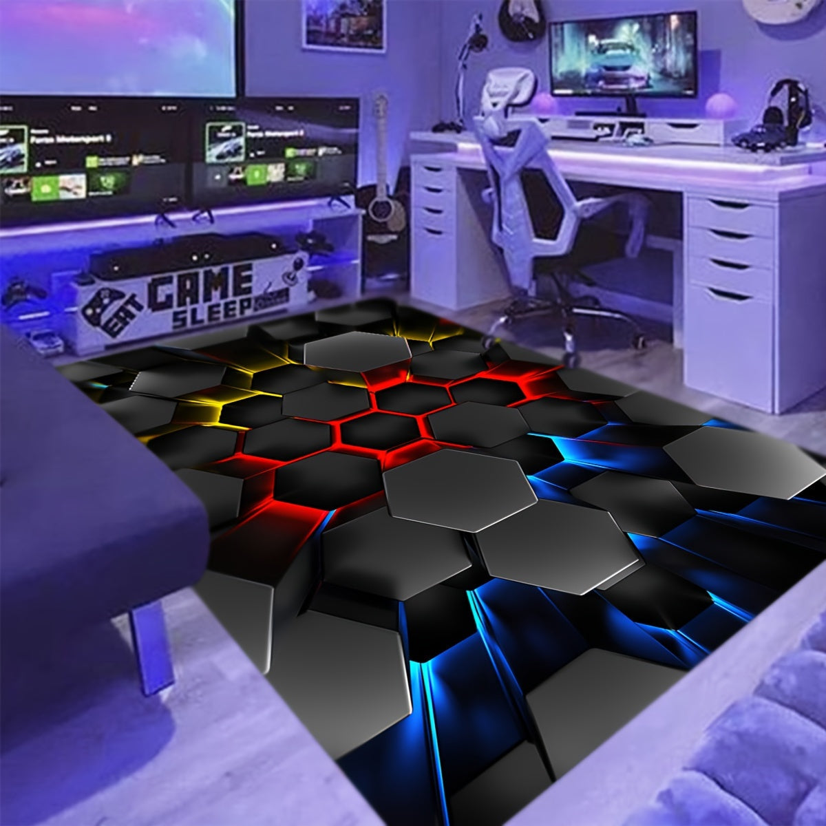 Whimsical 3D Luminous Hexagon Area Rug Soft Non-Slip Cartoon Style