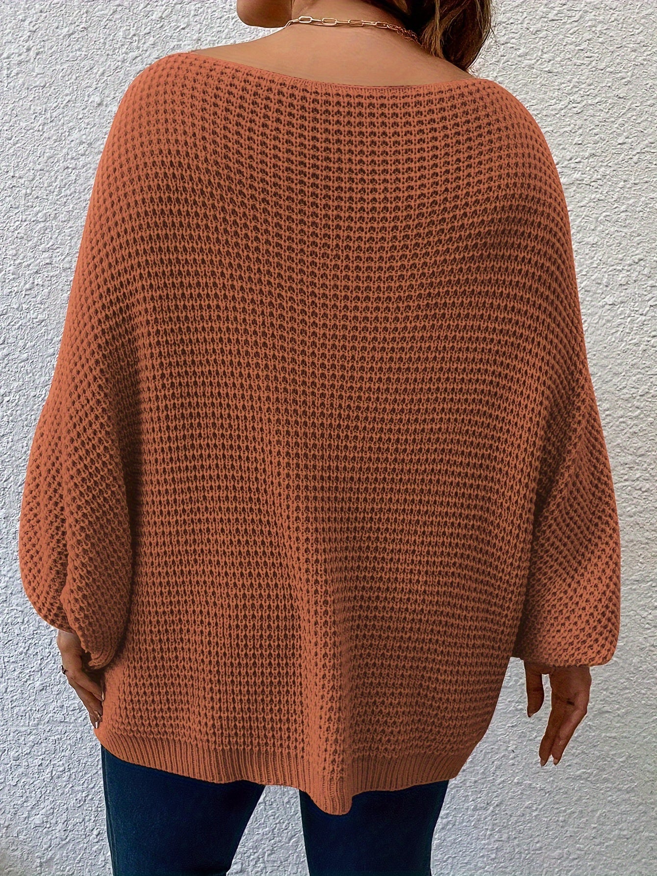 Women's Plus Size Solid Color Knit Sweater with Batwing Sleeves and Crew Neck