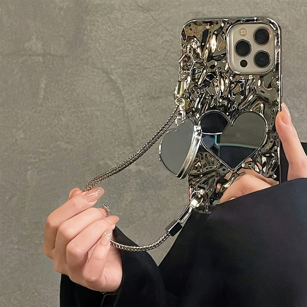 Portable Silver Heart-Shaped Mirror Bracelet Phone Case for iPhone 11-15 Pro Max