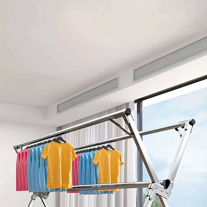 Foldable Metal Clothes Drying Rack with Adjustable Double Rods and Windproof Hooks