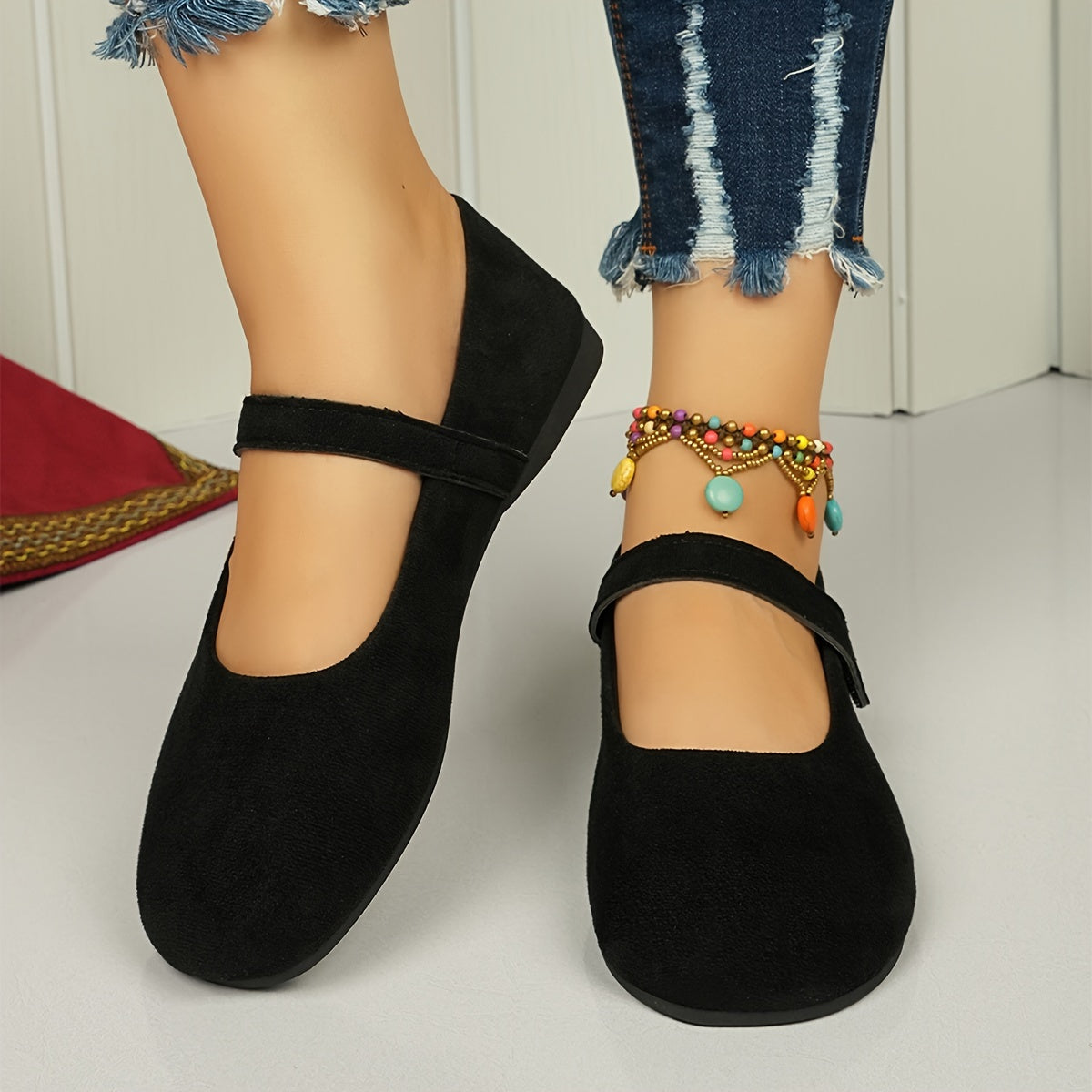 Zapatos planos retro con forro falso para mujer, con cierre de gancho y bucle