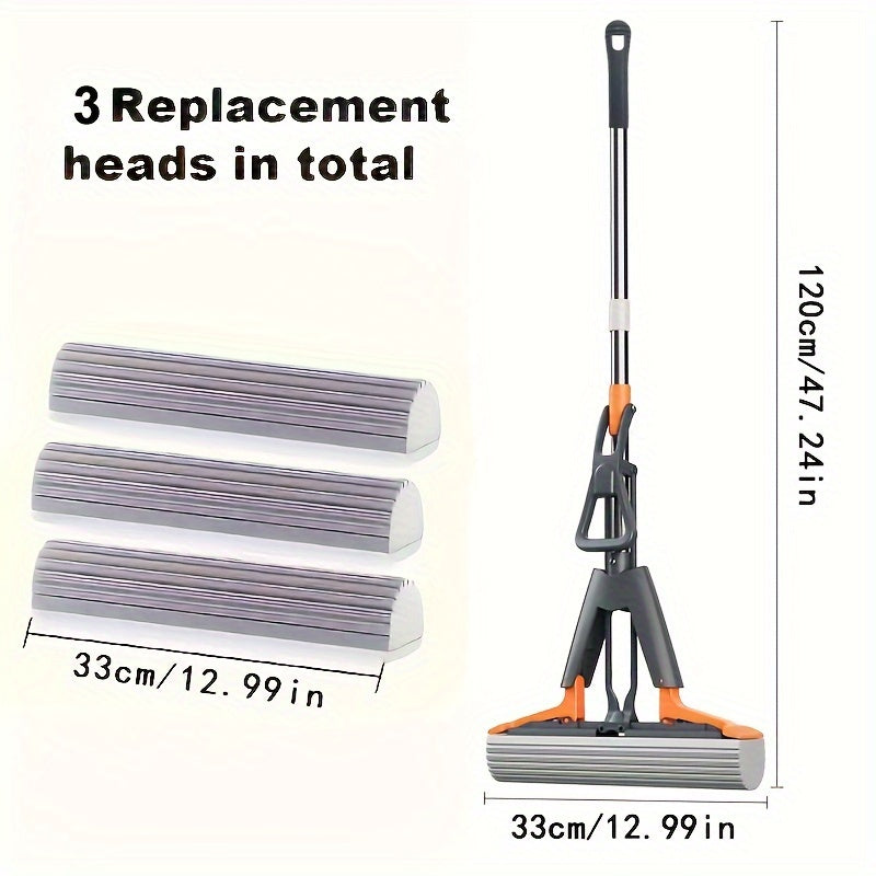 Stainless Steel Sponge Mop Set with 3 Refills Hands-Free Squeeze Floor Cleaner