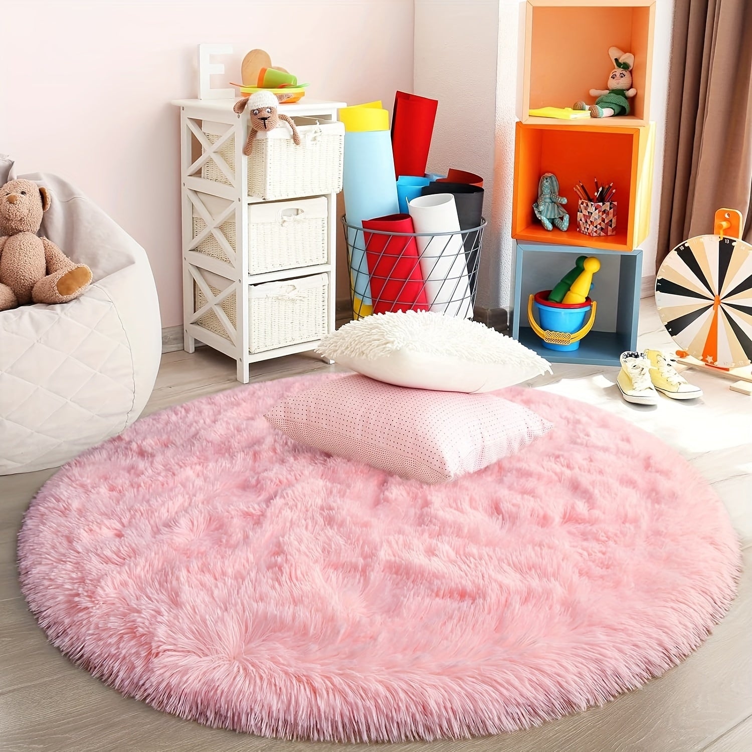 Pink Tie-Dye Round Carpet Rug Soft Shaggy Fluffy Floor Decor Large