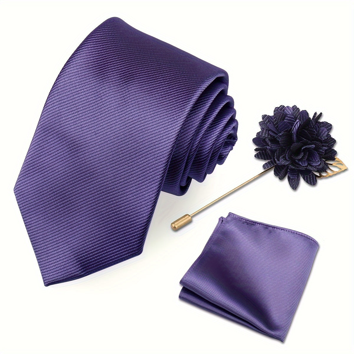 Men's Tie Set with Pocket Towel and Brooch, Classic Striped Plain Design