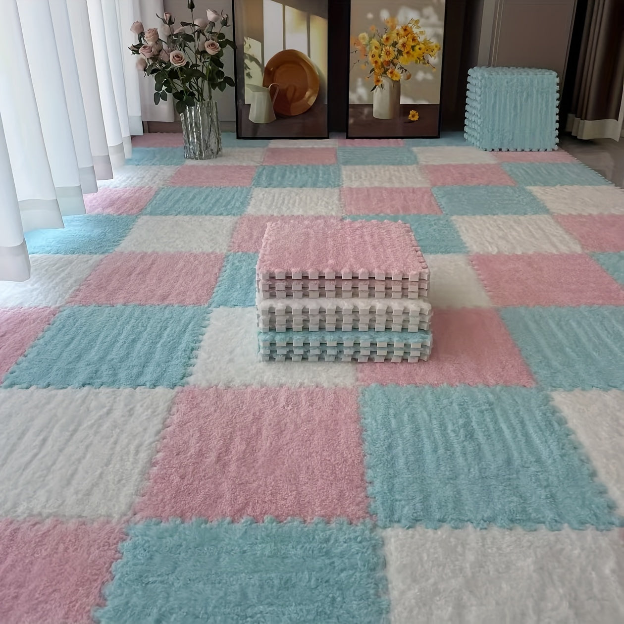 36pcs Floral Pattern Room Rug Set Lightweight Washable Braided Carpet Tiles Low Pile Soundproof Floor Mats for Living Room Bedroom