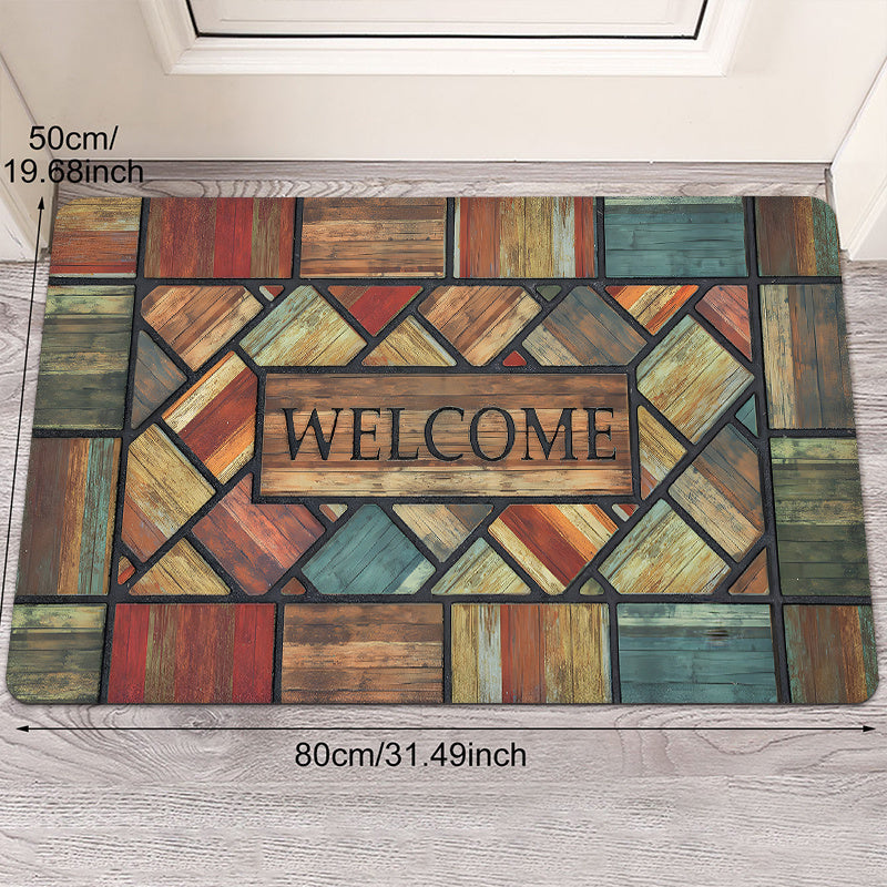 Polyester Non-Slip Welcome Door Mat with Vintage Wood Print, Stain Resistant, Indoor Outdoor
