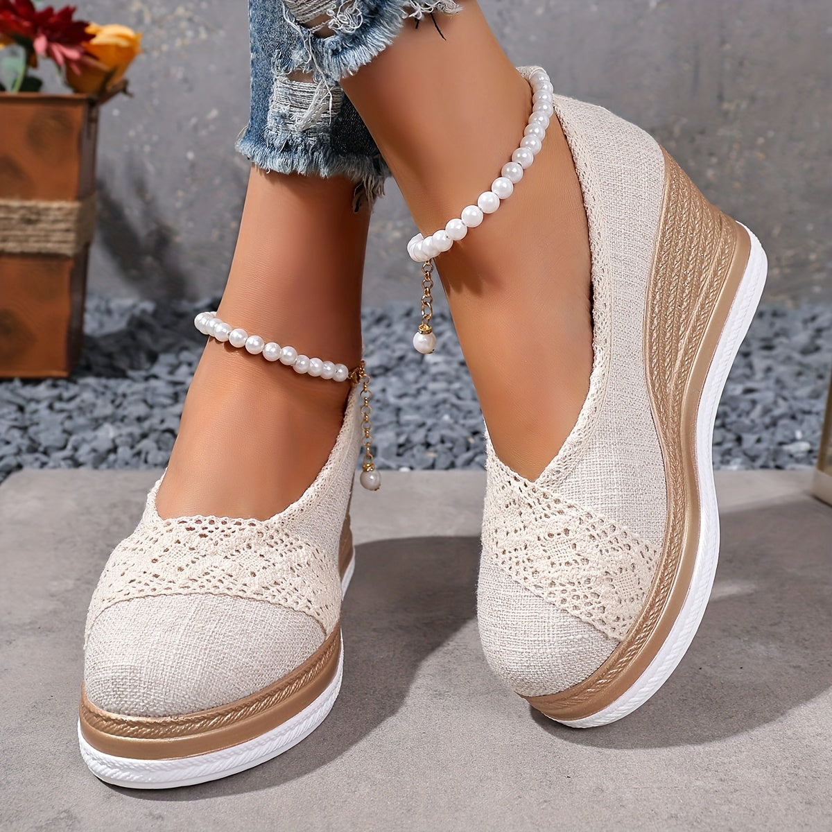 Women's Slip-On Loafers Wedge Sole Breathable Fabric Casual Shoes Beige White