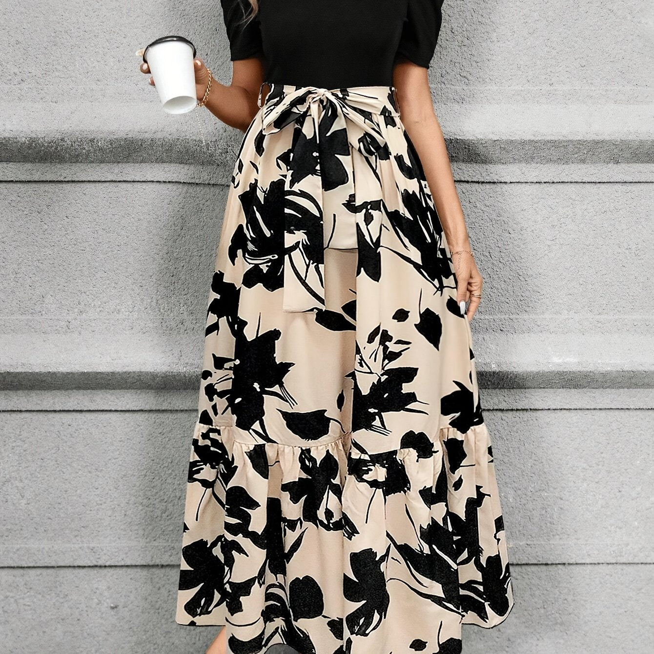 Women's Print Midi Dress with Belt Crew Neck Short Sleeves All-Season Polyester
