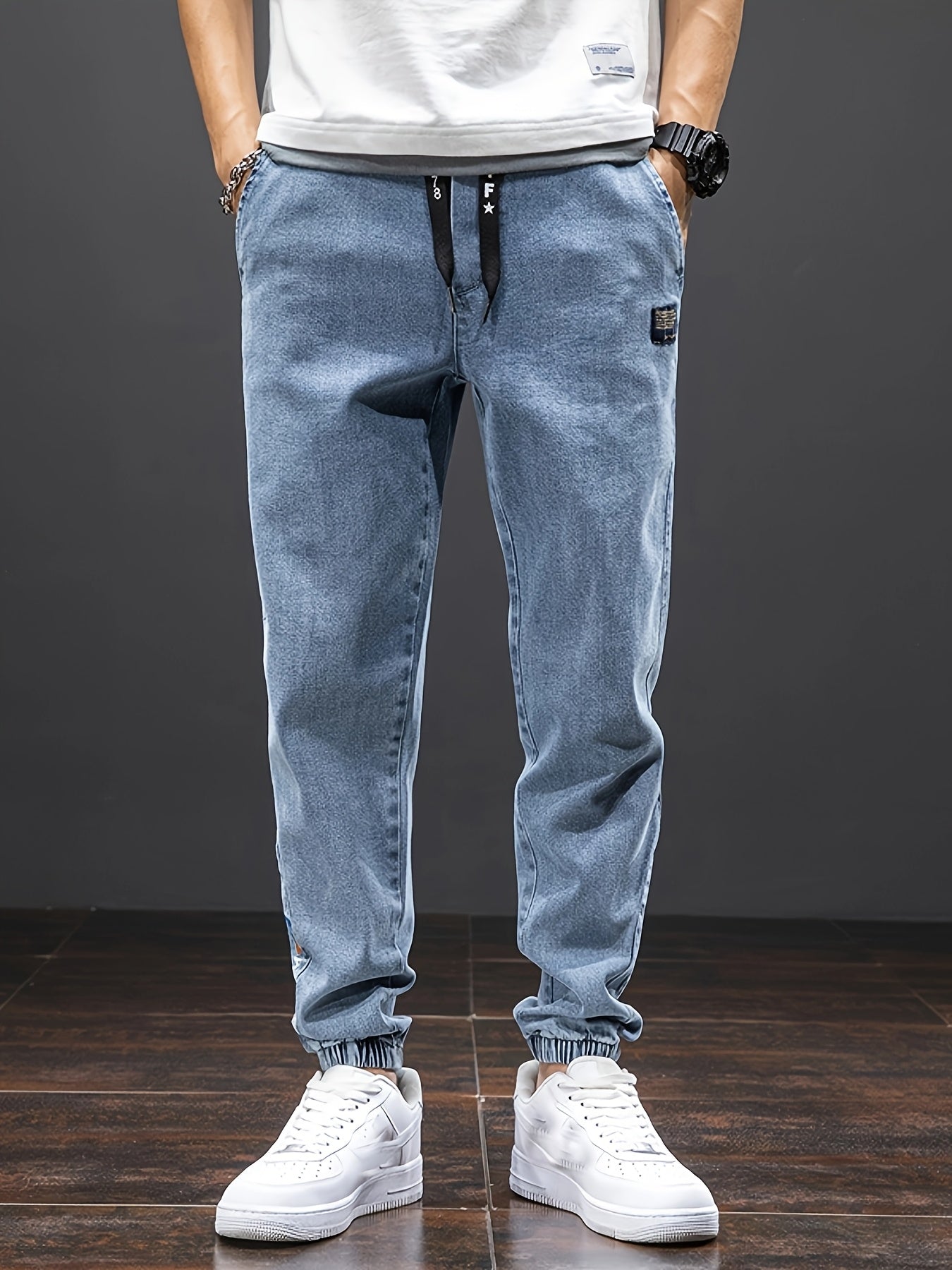 Men's Cropped Jeans with Elastic Waistband Solid Wash Denim Regular Fit All-Season