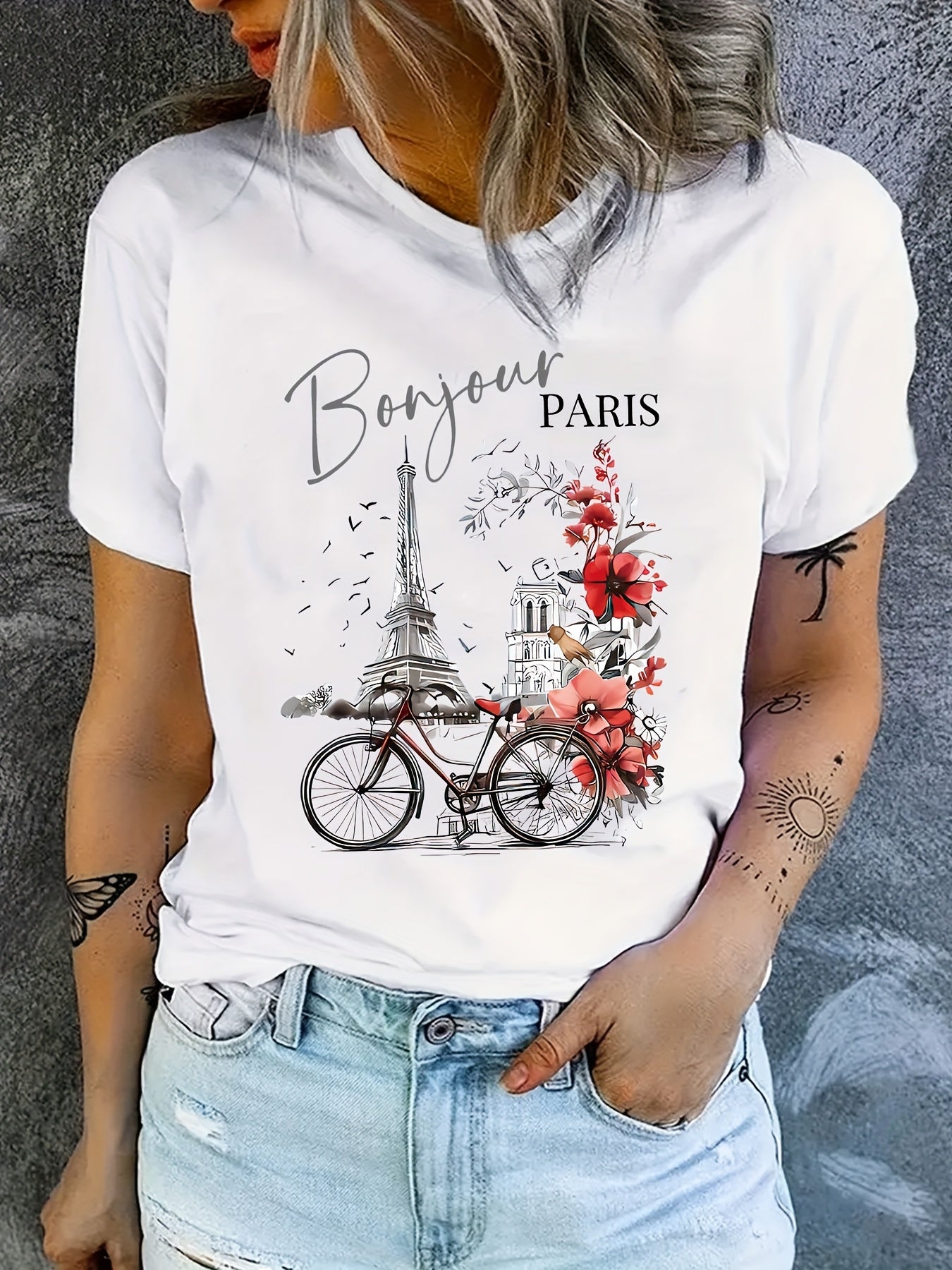 Camiseta de manga corta de verano casual con cuello redondo y estampado de París para mujer talla grande