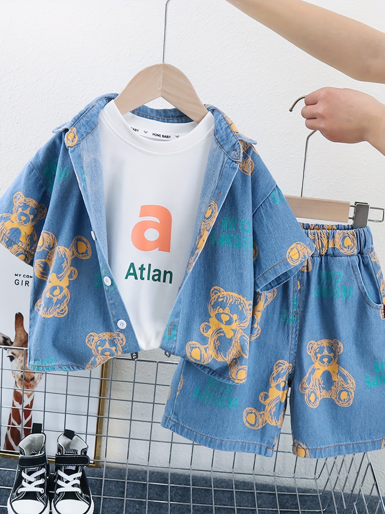 Kids Boys Summer Denim Set 2pcs Bear Graphic Short Sleeve Shirt and Shorts