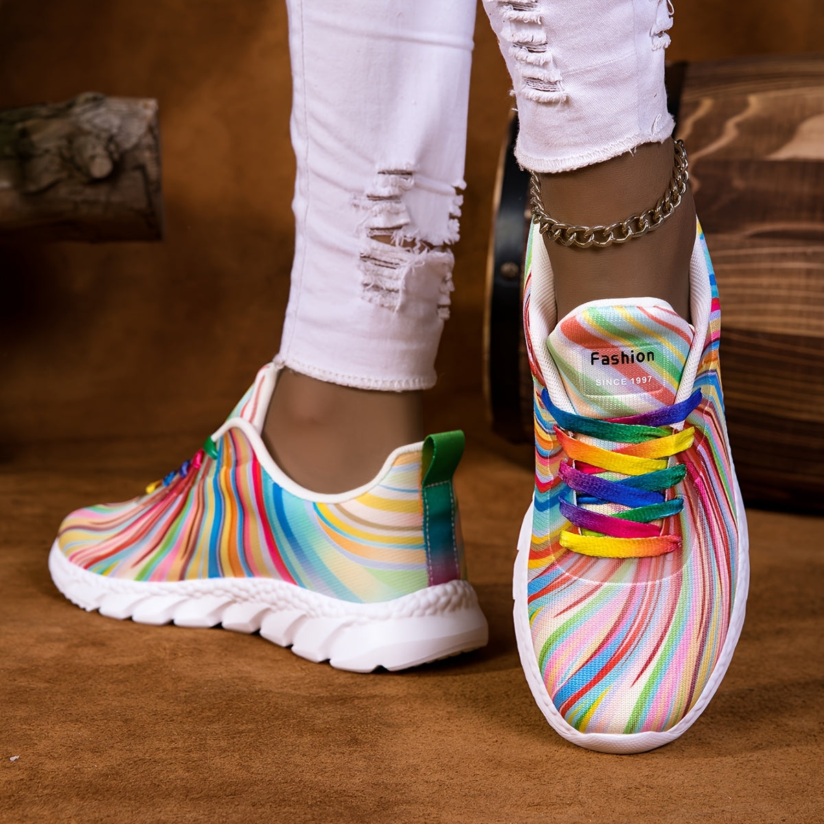 Women's Casual Sneakers Low Top Breathable Fabric Rainbow Stripes Lightweight Shoes