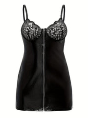 Women's Lace-Trimmed PU Slip Dress and Thong Set Semi-Sheer Stretchy Polyester