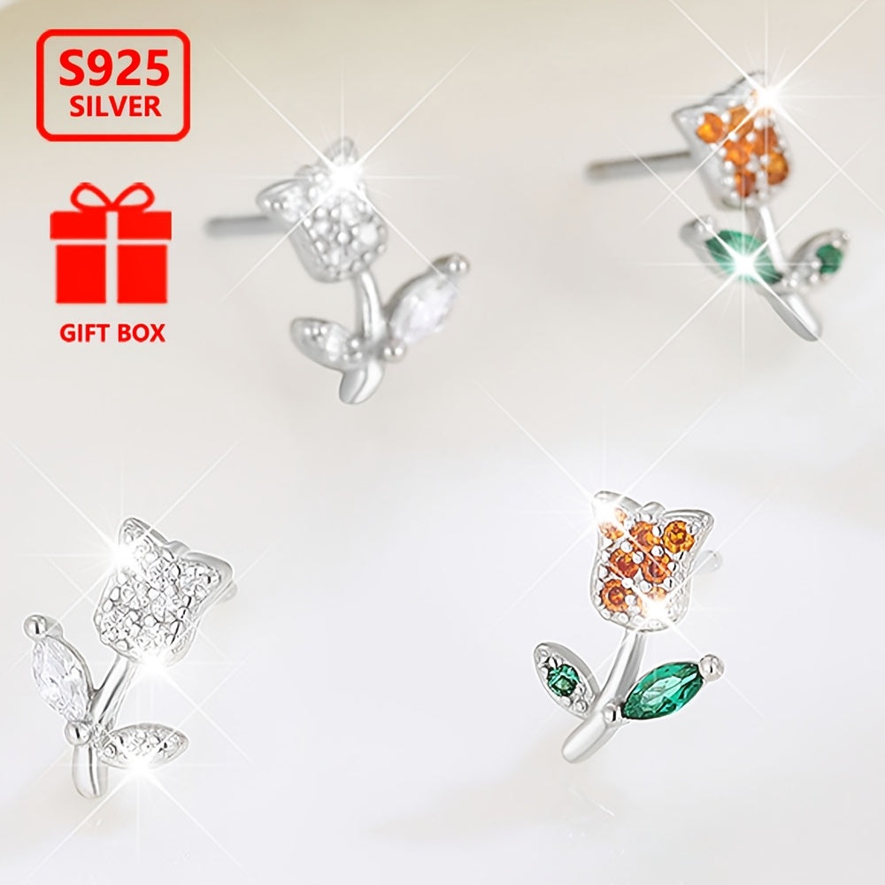 Удивительная пара серьг-гвоздиков в виде розы для женщин, изготовленных из 925-й стерлинговой серебра и украшенных сверкающим кубическим цирконием, идеально подходит для повседневной носки и в качестве подарка.