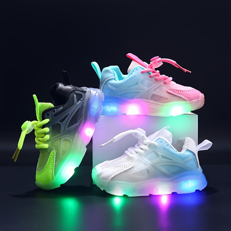 Kids Summer Racing Flats with LED Lights Glitter Stripes Low Top Breathable Mesh Sneakers